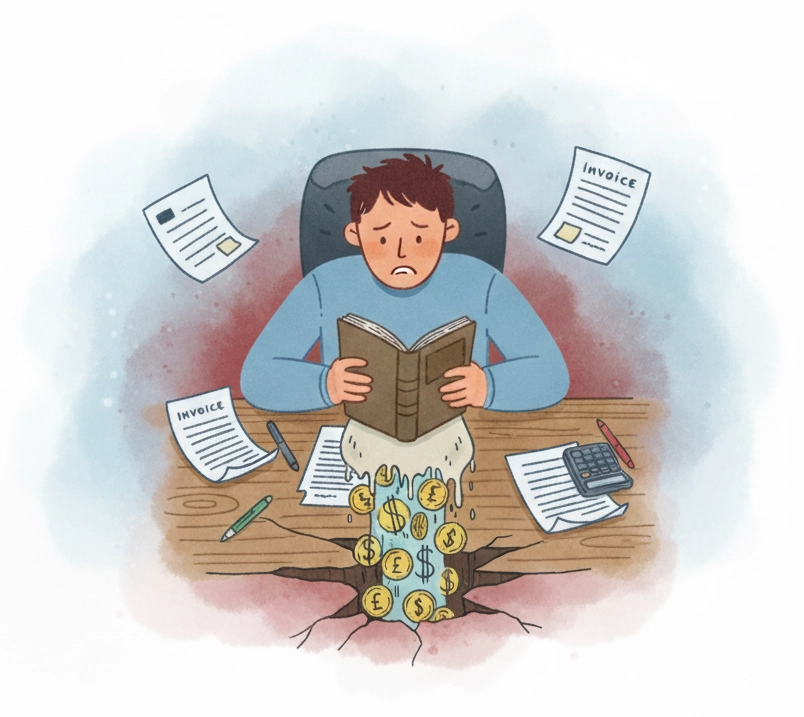 Staff member with money draining away from accounting books